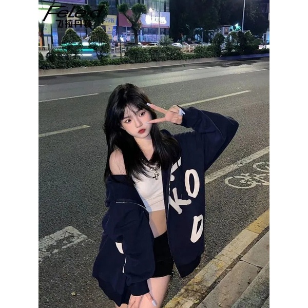 Jiashucheng Áo Khoác Cardigan Mỏng Có Khóa Kéo Dáng Rộng In Chữ Phong Cách Lười Mùa Xuân Thu Cho Nữ Sinh