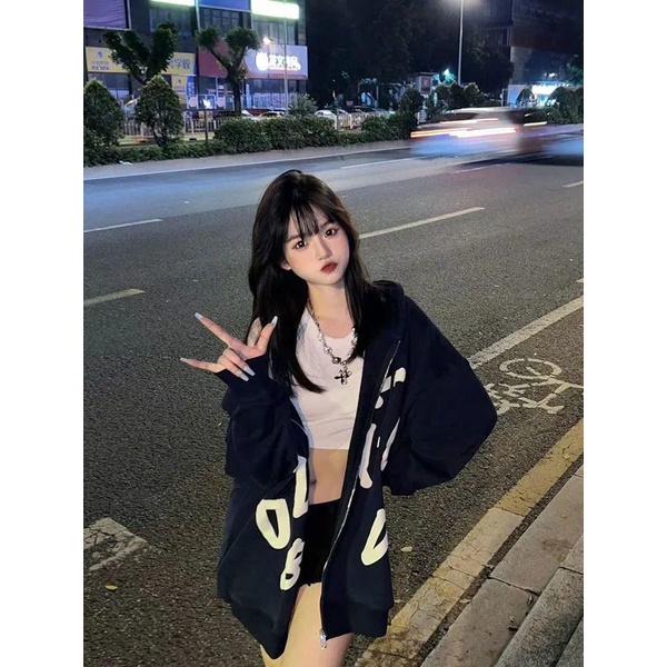 Jiashucheng Áo Khoác Cardigan Mỏng Có Khóa Kéo Dáng Rộng In Chữ Phong Cách Lười Mùa Xuân Thu Cho Nữ Sinh