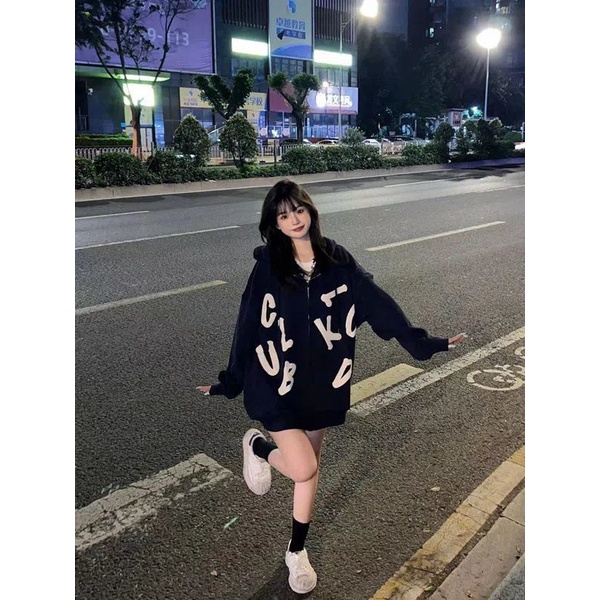 Jiashucheng Áo Khoác Cardigan Mỏng Có Khóa Kéo Dáng Rộng In Chữ Phong Cách Lười Mùa Xuân Thu Cho Nữ Sinh