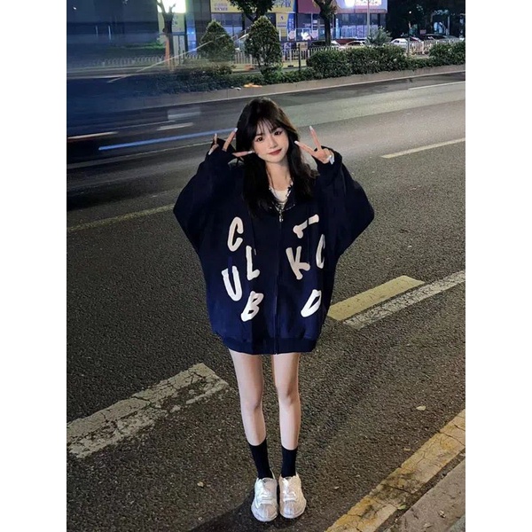 Jiashucheng Áo Khoác Cardigan Mỏng Có Khóa Kéo Dáng Rộng In Chữ Phong Cách Lười Mùa Xuân Thu Cho Nữ Sinh