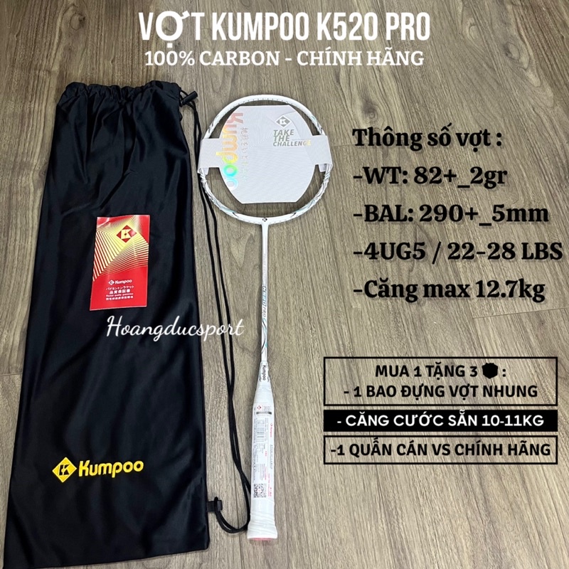 1 Vợt cầu lông KUMPOO K520 PRO chính hãng, căng sẵn 11kg tặng kèm bao đựng và quấn cán