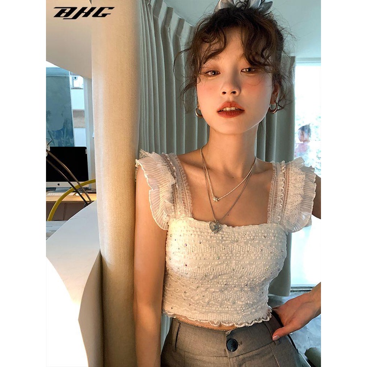 Áo hai dây BJHG WAVW cổ vuông phối ren đính đá sáng lấp lánh phong cách pháp thời trang mùa hè mới cho nữ