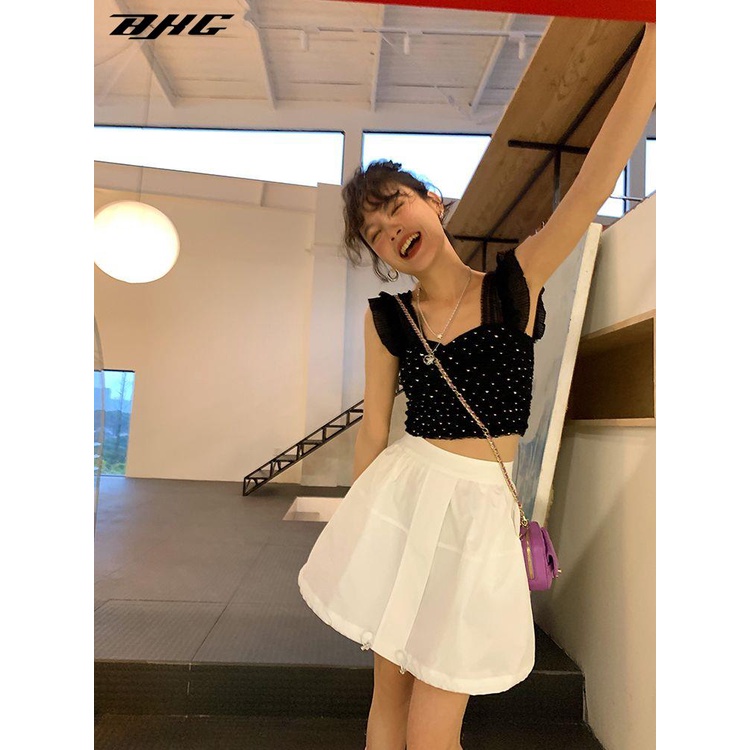 Áo hai dây BJHG WAVW cổ vuông phối ren đính đá sáng lấp lánh phong cách pháp thời trang mùa hè mới cho nữ