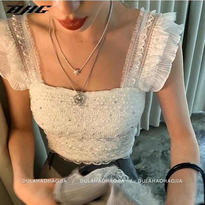 Áo hai dây BJHG WAVW cổ vuông phối ren đính đá sáng lấp lánh phong cách pháp thời trang mùa hè mới cho nữ