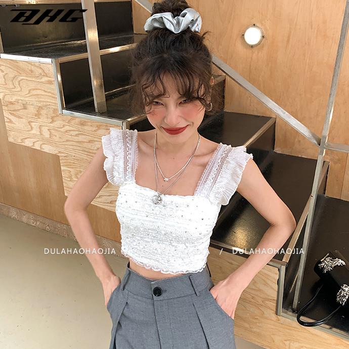 Áo hai dây BJHG WAVW cổ vuông phối ren đính đá sáng lấp lánh phong cách pháp thời trang mùa hè mới cho nữ