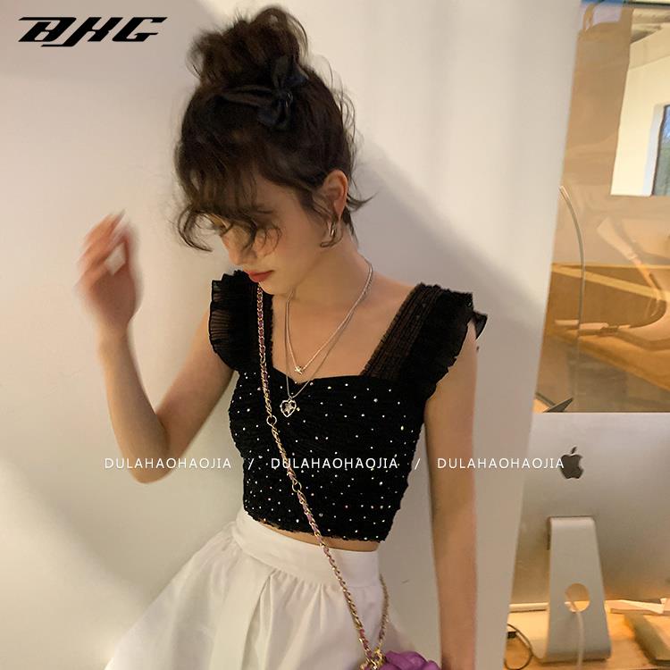 Áo hai dây BJHG WAVW cổ vuông phối ren đính đá sáng lấp lánh phong cách pháp thời trang mùa hè mới cho nữ