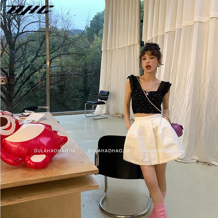 Áo hai dây BJHG WAVW cổ vuông phối ren đính đá sáng lấp lánh phong cách pháp thời trang mùa hè mới cho nữ