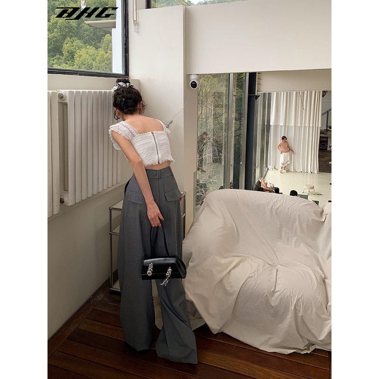 Áo hai dây BJHG WAVW cổ vuông phối ren đính đá sáng lấp lánh phong cách pháp thời trang mùa hè mới cho nữ