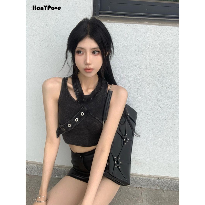 Honypove Áo Hai Dây Denim Màu Đen Thời Trang Mùa Hè Cho Nữ