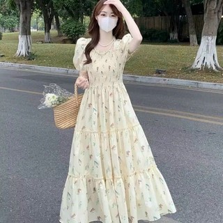Đầm maxi xốp hoa tay phồng mocking eo phong cách ngọt ngào