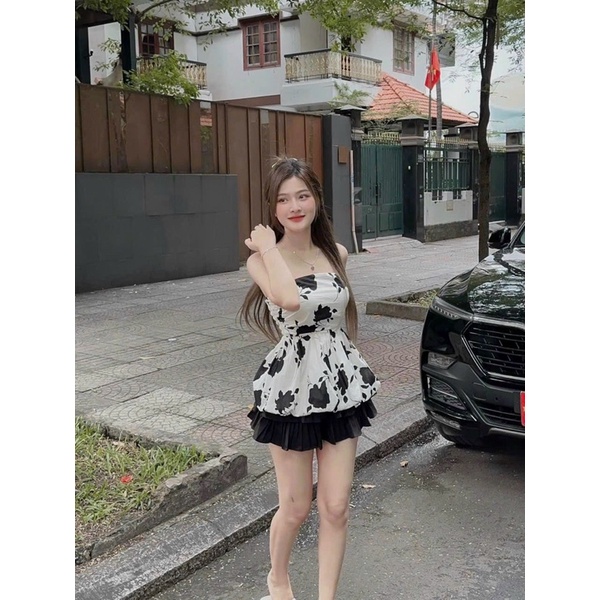 Set chân váy kèm áo voan cúp ngực mocking lưng siêu hot