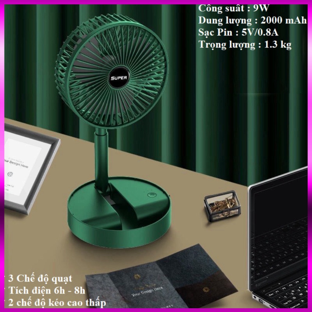 Quạt Super Fan Tích Điện Mini Gập Gọn Để Bàn 3 Cấp Độ Gió Siêu Mát Siêu Tiện Lợi chất lượng bền đẹp | BigBuy360 - bigbuy360.vn