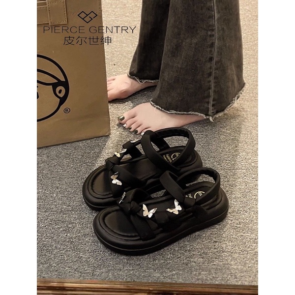 Dép Sandal đính bướm đế cao 4cm phong các Ulzzang