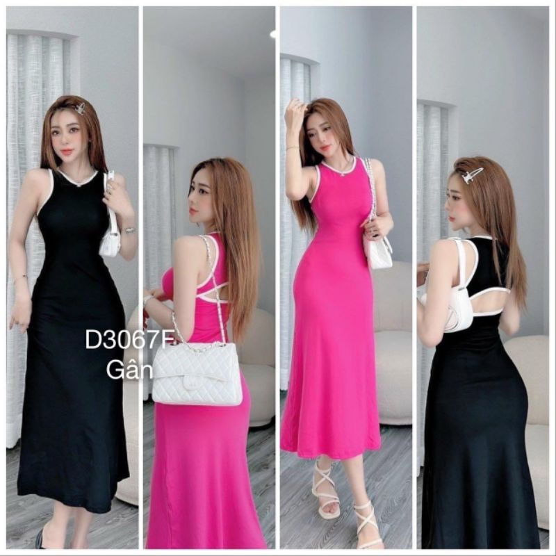 Đầm Maxi Ba Lỗ Phối Viền ,Đầm Sát Nách Hở Lưng Đuôi Cá Dáng Dài ,Thun Gân Co Dãn 4 Chiều ,Màu Đen ,Hồng