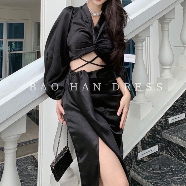 Váy Dự Tiệc Tay Dài Phối dây Chéo Bụng Xẻ Tà Tôn Dáng Siêu Xinh - NV309