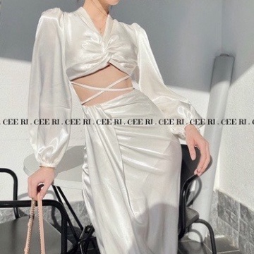 Váy Dự Tiệc Tay Dài Phối dây Chéo Bụng Xẻ Tà Tôn Dáng Siêu Xinh - NV309
