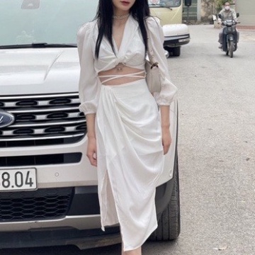 Váy Dự Tiệc Tay Dài Phối dây Chéo Bụng Xẻ Tà Tôn Dáng Siêu Xinh - NV309