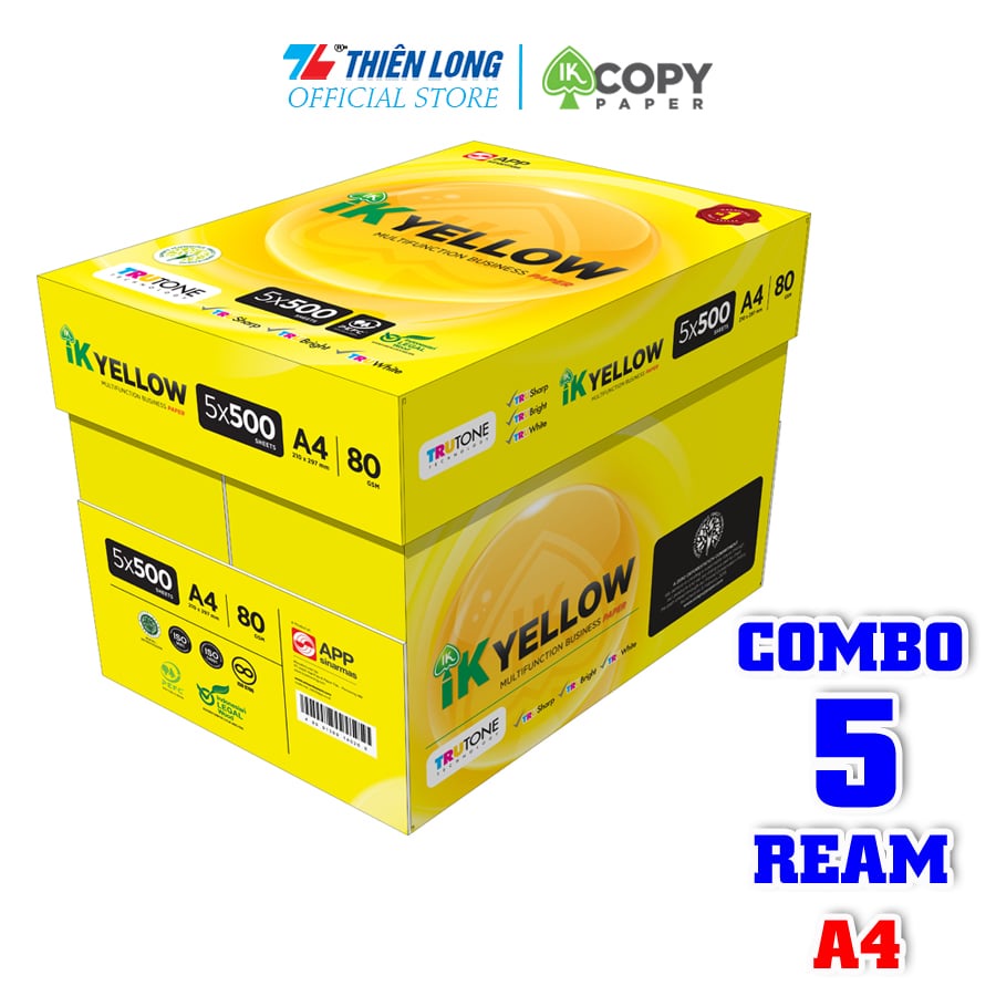 Combo 5 Ream giấy IK Yellow đa năng A4 80 gsm (500 tờ) - Hàng nhập khẩu Indonesia