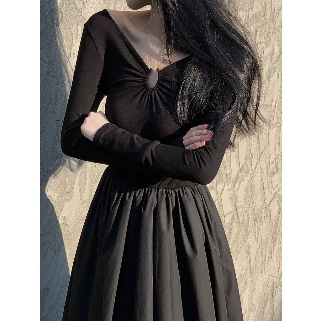 Đầm Dệt Kim Tay Dài Cổ Chữ V Màu Đen Phong Cách Pháp Thời Trang Xuân Hè Cho Nữ