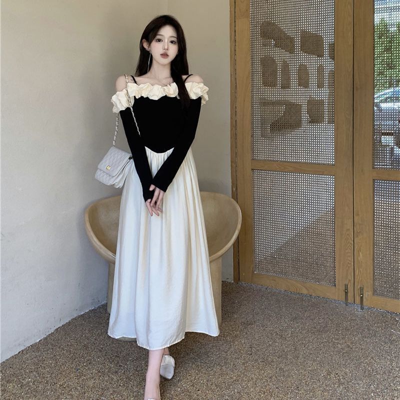 Đầm Chữ A Tay Dài Lệch Vai Phong Cách Pháp Thời Trang Xuân Thu Cho Nữ