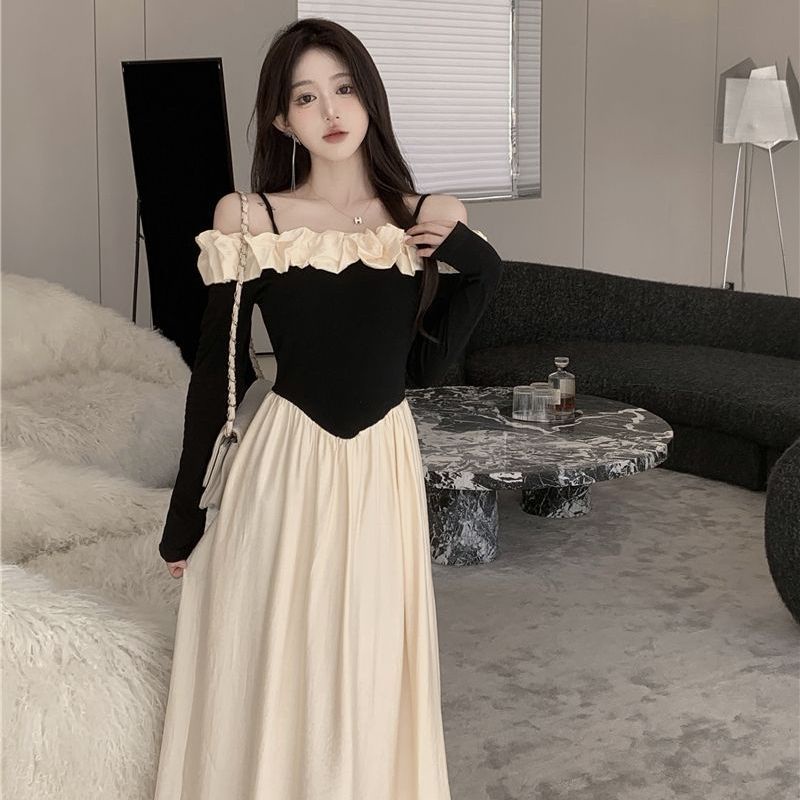 Đầm Chữ A Tay Dài Lệch Vai Phong Cách Pháp Thời Trang Xuân Thu Cho Nữ