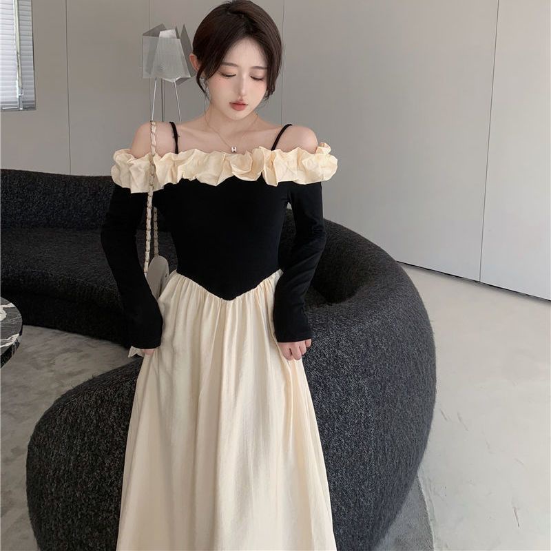 Đầm Chữ A Tay Dài Lệch Vai Phong Cách Pháp Thời Trang Xuân Thu Cho Nữ