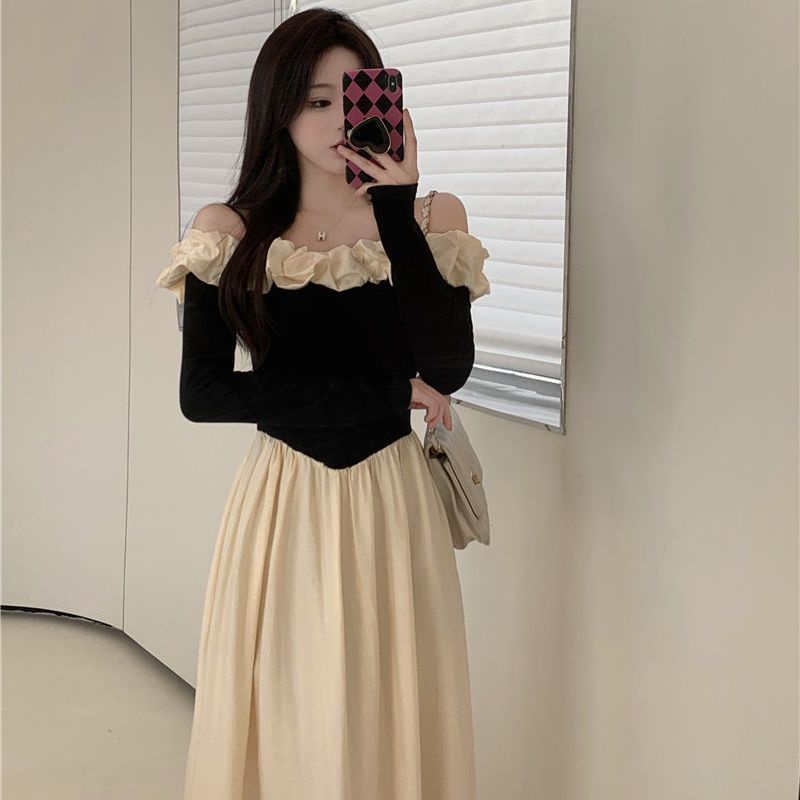 Đầm Chữ A Tay Dài Lệch Vai Phong Cách Pháp Thời Trang Xuân Thu Cho Nữ