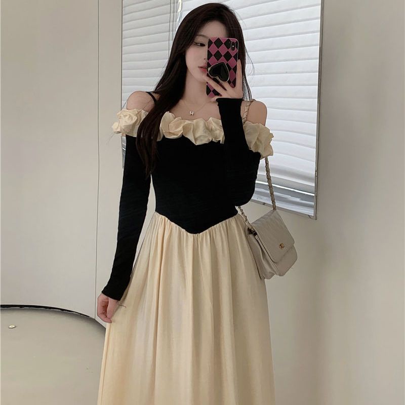 Đầm Chữ A Tay Dài Lệch Vai Phong Cách Pháp Thời Trang Xuân Thu Cho Nữ