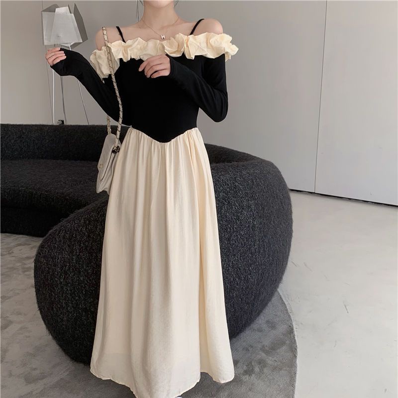 Đầm Chữ A Tay Dài Lệch Vai Phong Cách Pháp Thời Trang Xuân Thu Cho Nữ