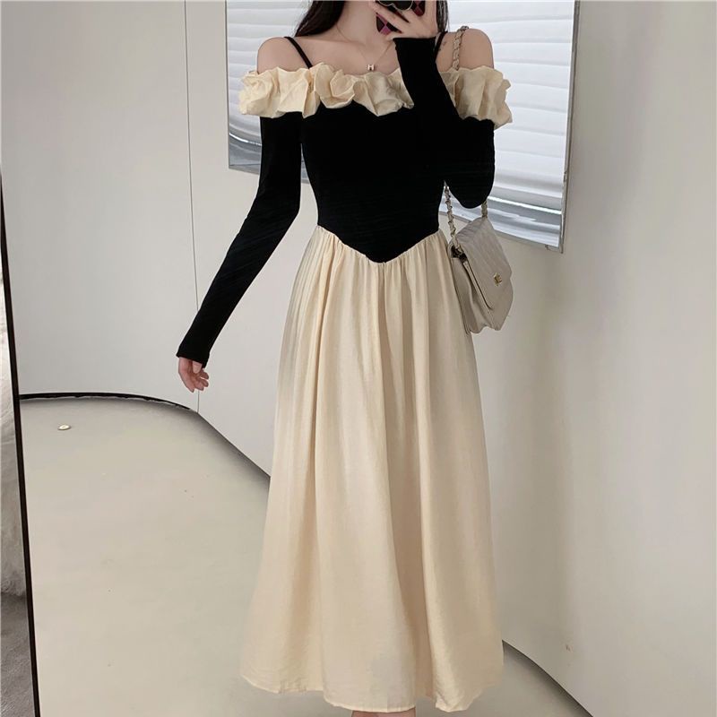 Đầm Chữ A Tay Dài Lệch Vai Phong Cách Pháp Thời Trang Xuân Thu Cho Nữ