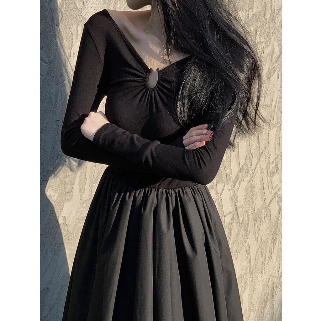 Đầm Dệt Kim Tay Dài Cổ Chữ V Màu Đen Phong Cách Pháp Thời Trang Xuân Hè Cho Nữ