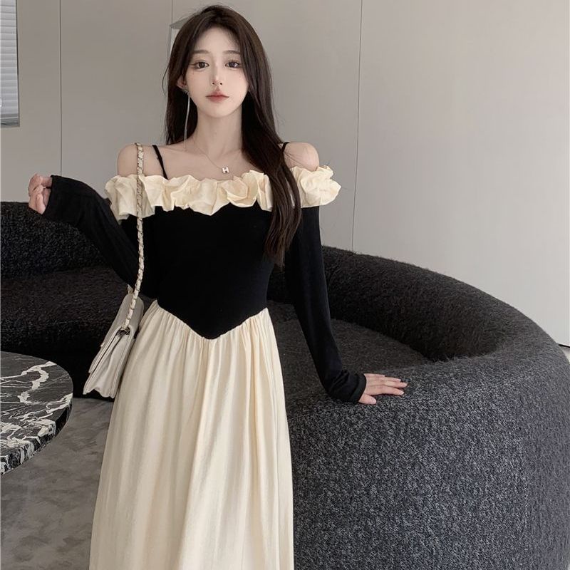 Đầm Chữ A Tay Dài Lệch Vai Phong Cách Pháp Thời Trang Xuân Thu Cho Nữ