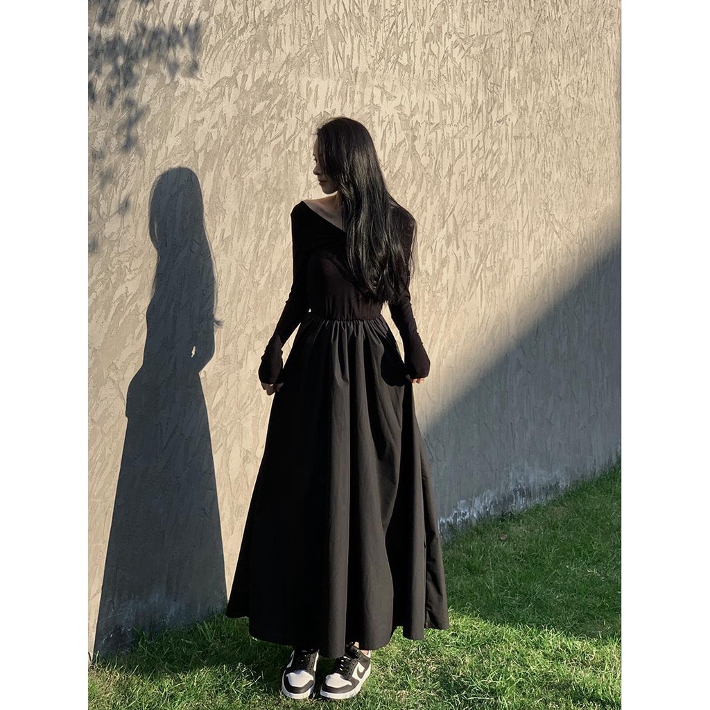 Đầm Dệt Kim Tay Dài Cổ Chữ V Màu Đen Phong Cách Pháp Thời Trang Xuân Hè Cho Nữ