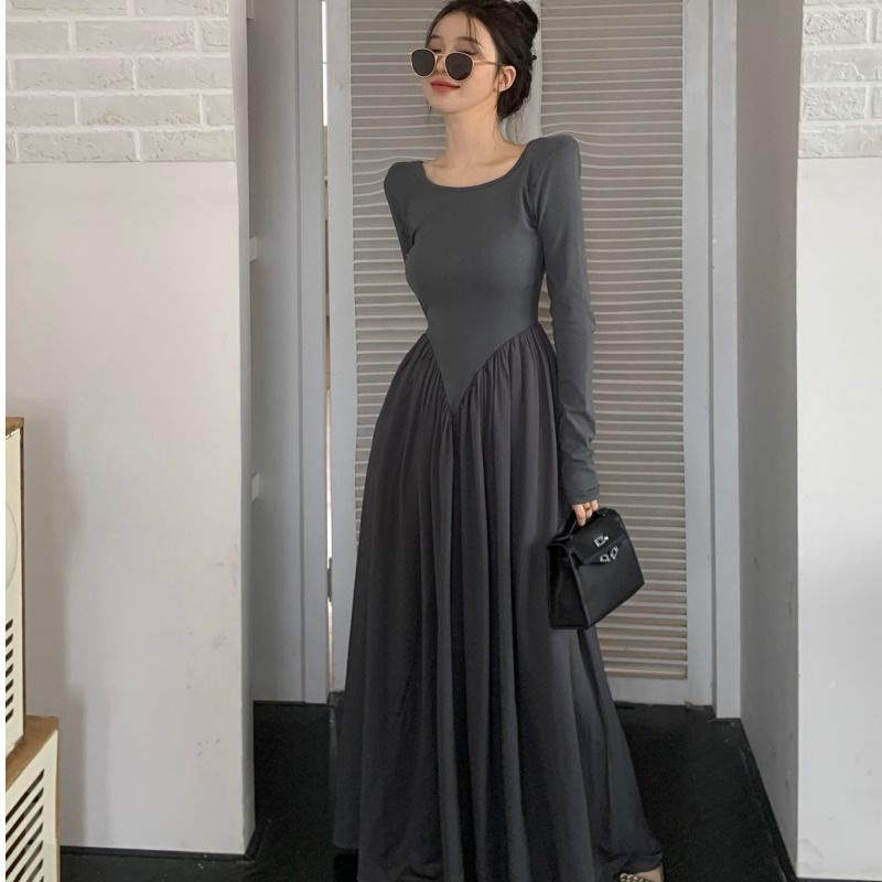 Đầm Dài Tay Chiết Eo Dáng Dài Cỡ Lớn Phong Cách Retro Pháp Thời Trang Mùa Thu Thanh Lịch