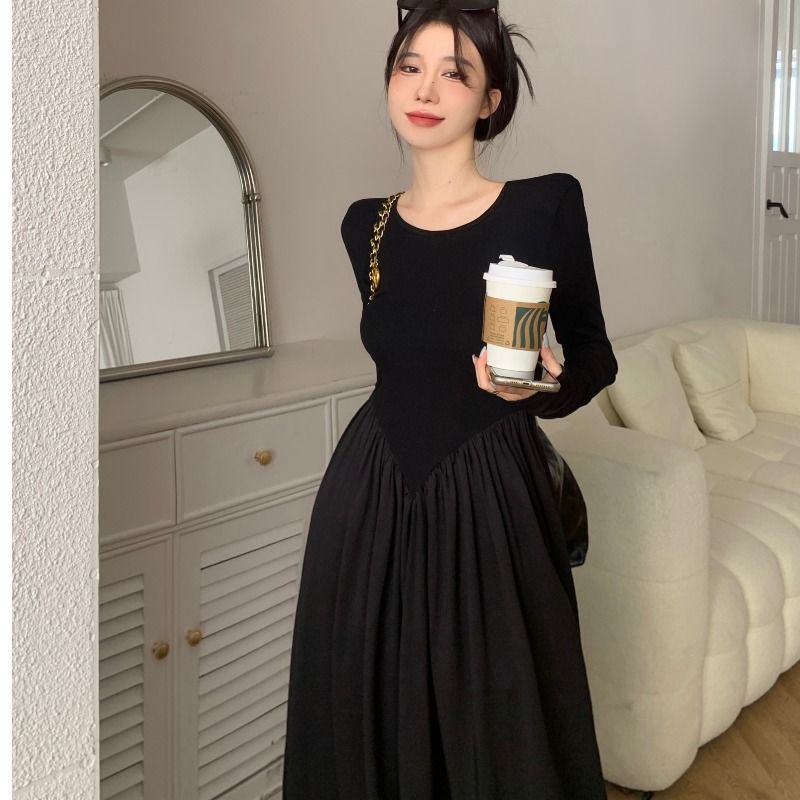 Đầm Dài Tay Chiết Eo Dáng Dài Cỡ Lớn Phong Cách Retro Pháp Thời Trang Mùa Thu Thanh Lịch