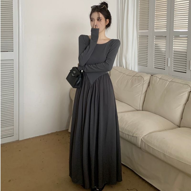 Đầm Dài Tay Chiết Eo Dáng Dài Cỡ Lớn Phong Cách Retro Pháp Thời Trang Mùa Thu Thanh Lịch