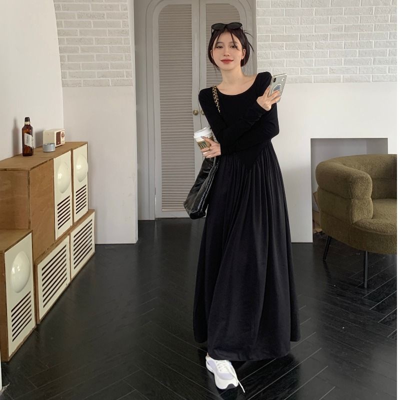 Đầm Dài Tay Chiết Eo Dáng Dài Cỡ Lớn Phong Cách Retro Pháp Thời Trang Mùa Thu Thanh Lịch