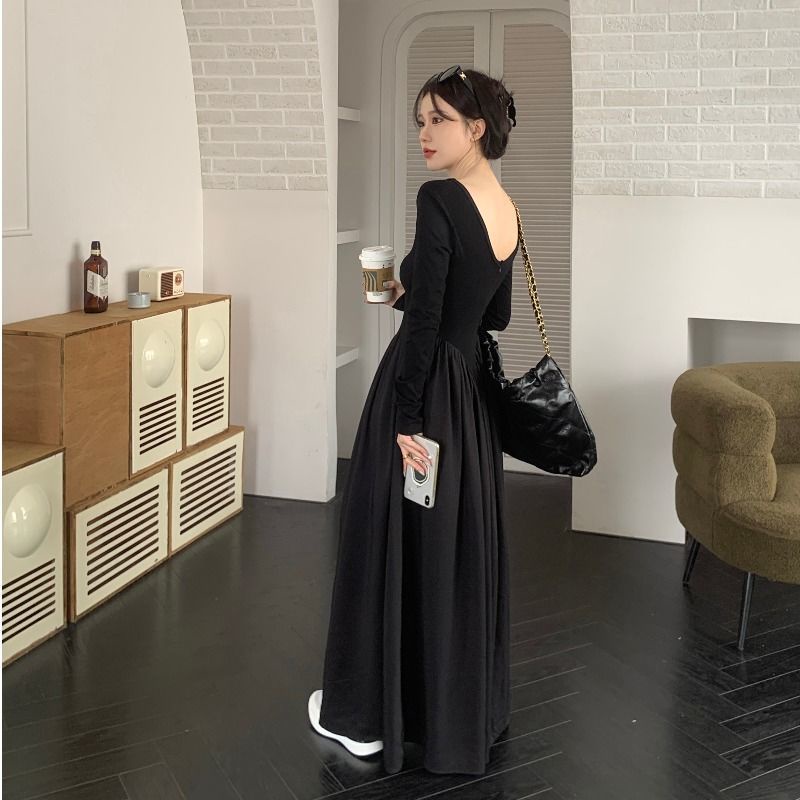 Đầm Dài Tay Chiết Eo Dáng Dài Cỡ Lớn Phong Cách Retro Pháp Thời Trang Mùa Thu Thanh Lịch