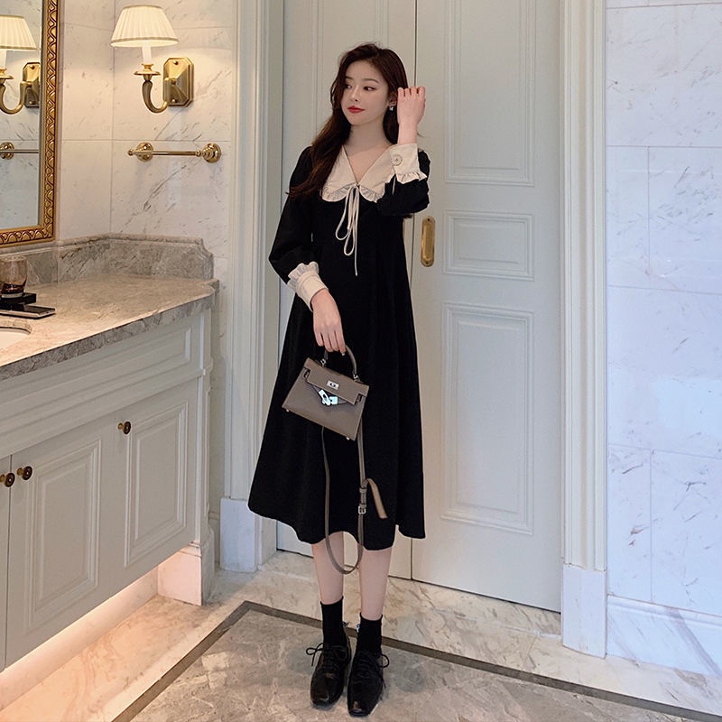 Đầm Đen Tay Dài Chiết Eo Phong Cách Pháp Cổ Điển Thời Trang Xuân Thu Xinh Xắn Cho Nữ