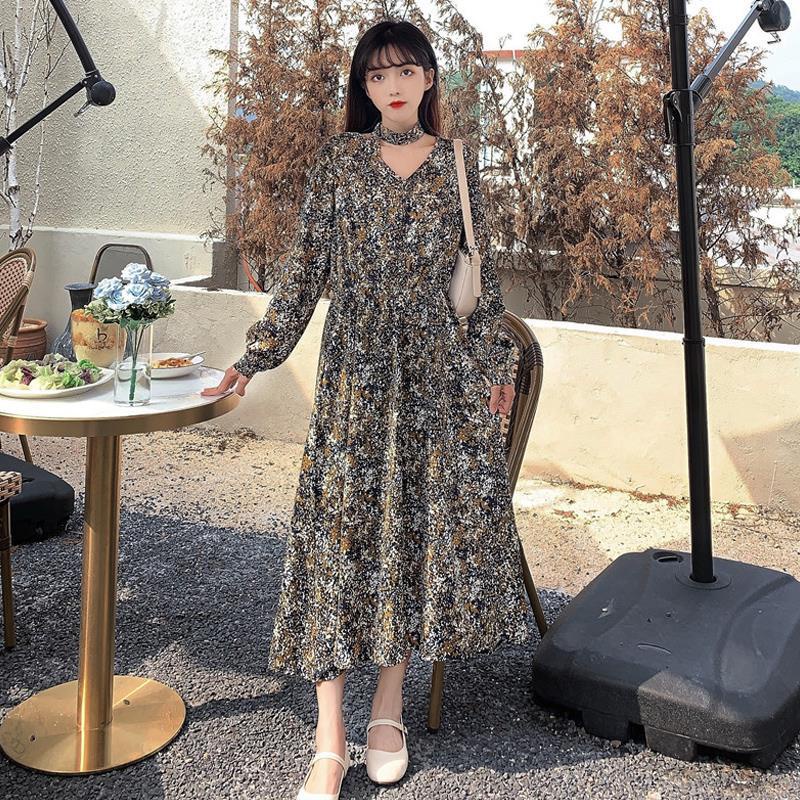 Đầm Hoa Tay Dài Cổ Chữ V Nhấn Eo Phong Cách Retro Dành Cho Nữ