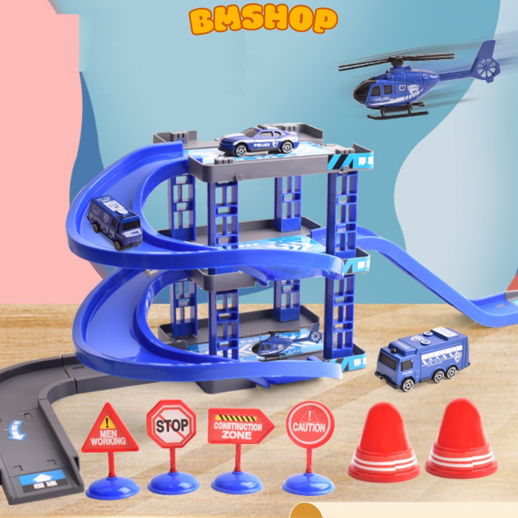 Bãi đậu xe mô hình kết hợp hạ cánh máy bay trực thăng hai tầng nhựa ABS an toàn cho bé