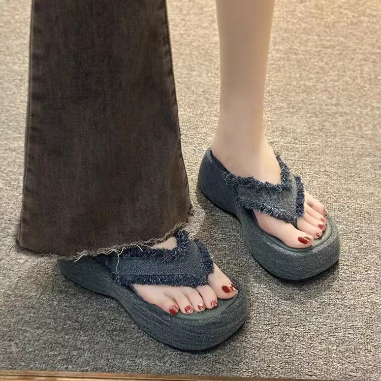 Dép Nữ Nhân Tự Kéo Hè Mặc Denim Vải Dày Mùa Bên Ngoài