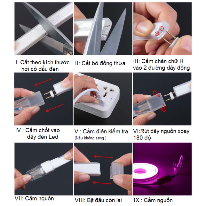 DÂY ĐÈN LED NEON 8x16mm 220V LOẠI 1 MẶT SANG 5m CÓ SẴN NGUỒN