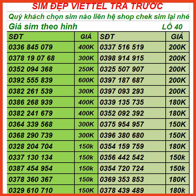 SIM SỐ ĐẸP SIM VIETTEL TRẢ TRƯỚC DỄ NHỚ DỄ DÀNG ĐĂNG KÝ CHÍNH CHỦ LÔ 11