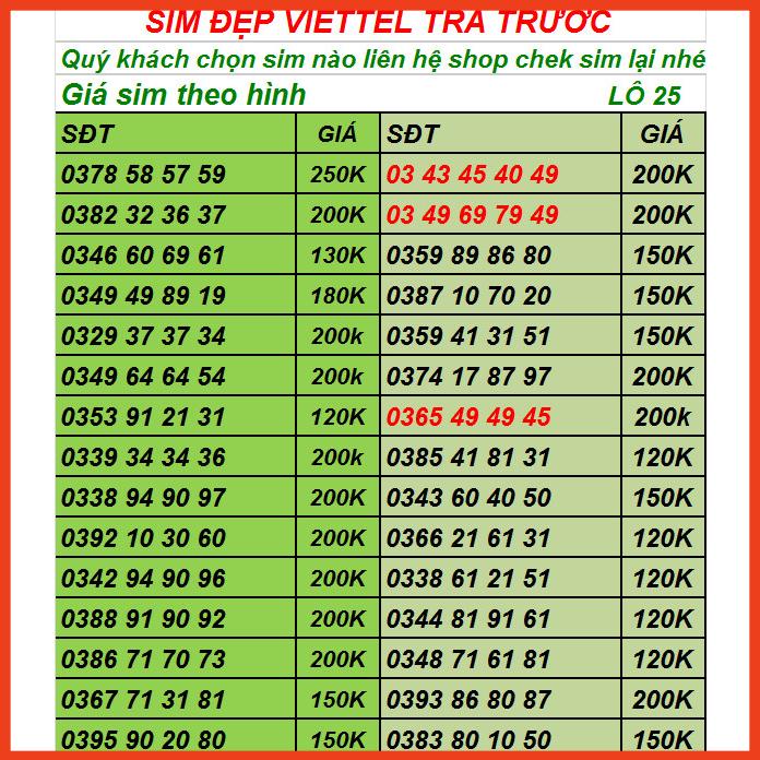 SIM VIETTEL TRẢ TRƯỚC SIM SỐ ĐẸP DỄ DÀNG ĐĂNG KÝ CHÍNH CHỦ LÔ 10