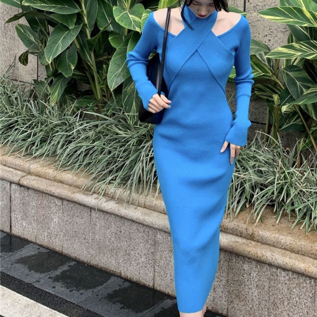 Đầm Dệt Kim Tay Dài Cổ Yếm Dáng Ôm Thời Trang Thu Đông Quyến Rũ Cho Nữ