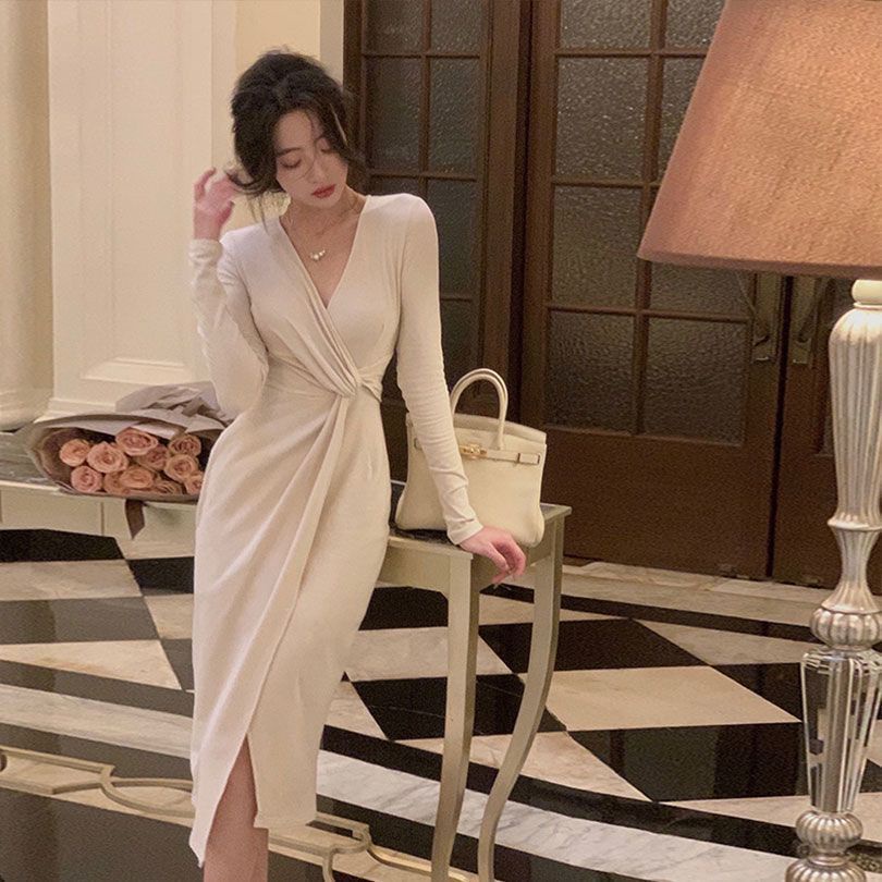 T Classy Đầm Dáng Dài Cổ Chữ v Nhấn Eo Phong Cách Pháp Thanh Lịch Cho Nữ