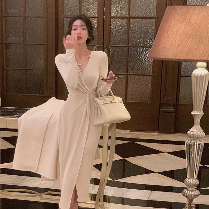 T Classy Đầm Dáng Dài Cổ Chữ v Nhấn Eo Phong Cách Pháp Thanh Lịch Cho Nữ