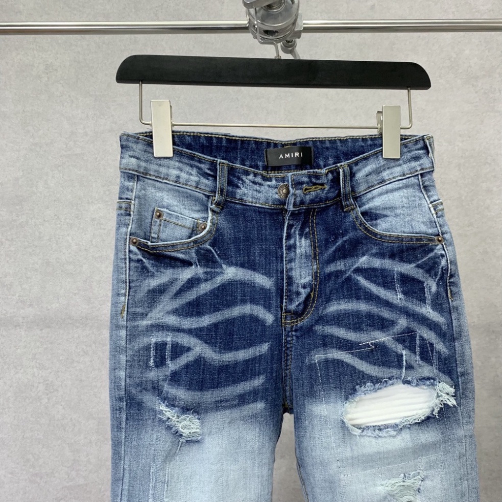 ht45 Quần jean bò nam Amiri xanh bạc kẻ sóng phối rách xước vá da nhăn trắng tua chỉ ngang dáng slimfit