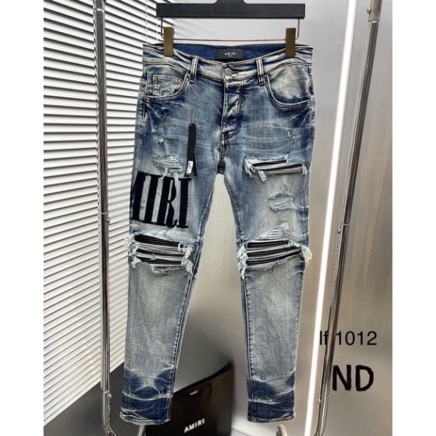 ht45 Quần jean bò nam slimfit Amiri wash xanh bạc rách xù vá da nhăn đen thêu chữ đùi ống xếp sóng cao cấp